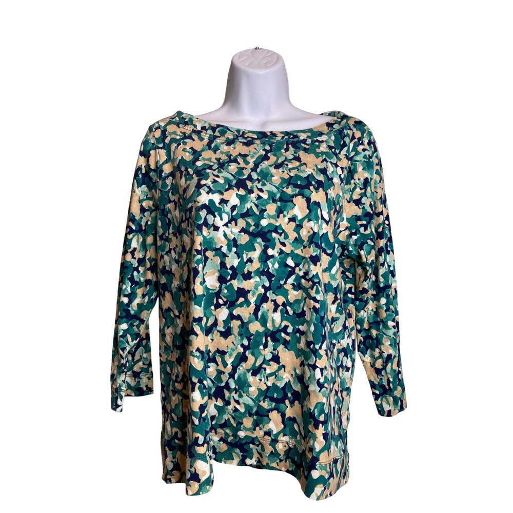 Chico's Womens Modern Artsy Print Boat Neck Long Sleeve Top Sz 2 Large Boho